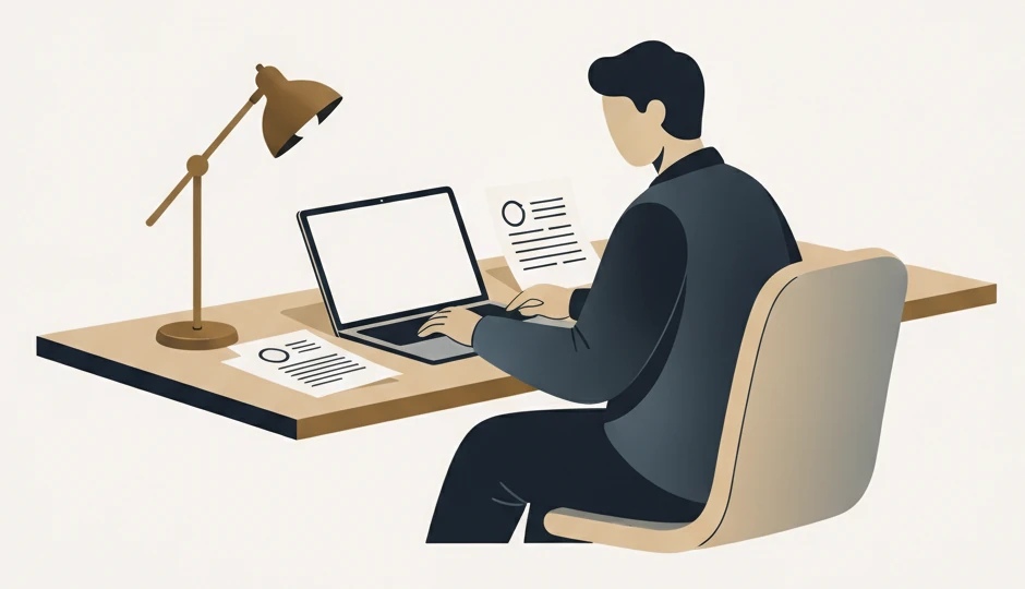 Illustration of someone working carefully through papers and a laptop at a desk